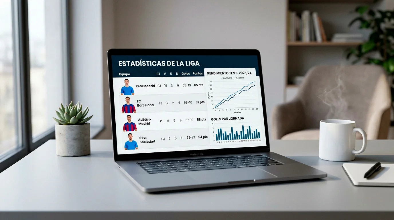 Pantalla de ordenador portátil mostrando una tabla de estadísticas de fútbol con columnas de datos