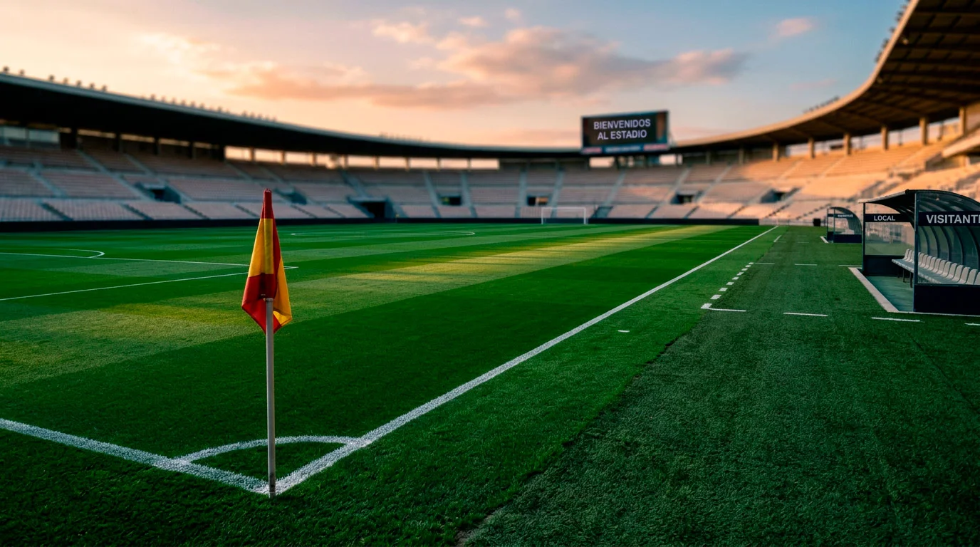Campo de fútbol de la Ligue 1 con césped cuidado y líneas de cal marcadas antes de un partido