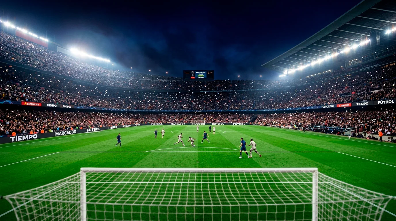Estadio de la Ligue 1 iluminado durante un partido nocturno con grada llena