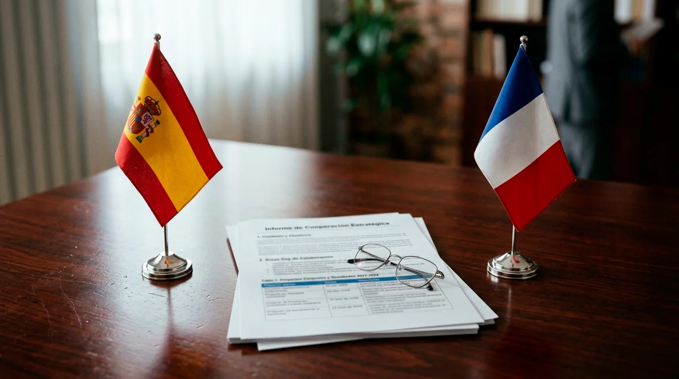 Dos banderas de España y Francia cruzadas sobre un escritorio con informes impresos
